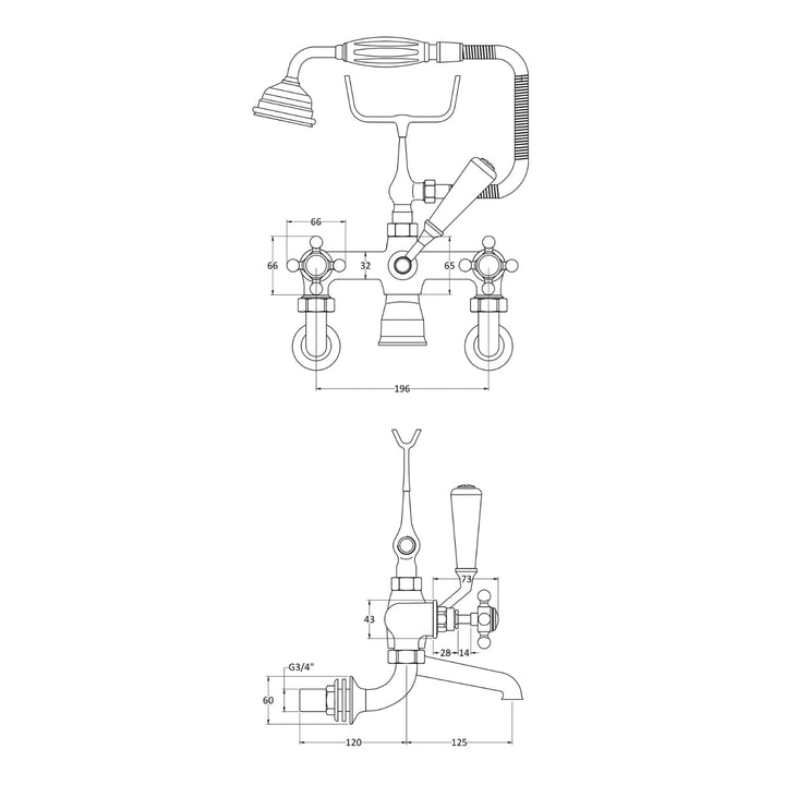 BC Designs Victrion Crosshead Brass Wall Mounted Bath Shower Mixer Tap, Brushed Chrome Finish