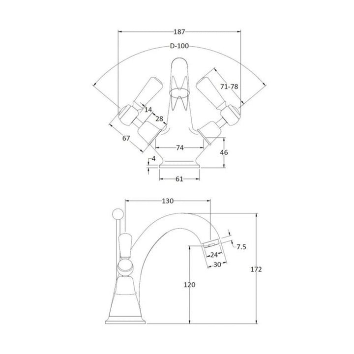 BC Designs Victrion Deck Mounted Brass Lever Mono Basin Mixer Tap, Brushed Chrome