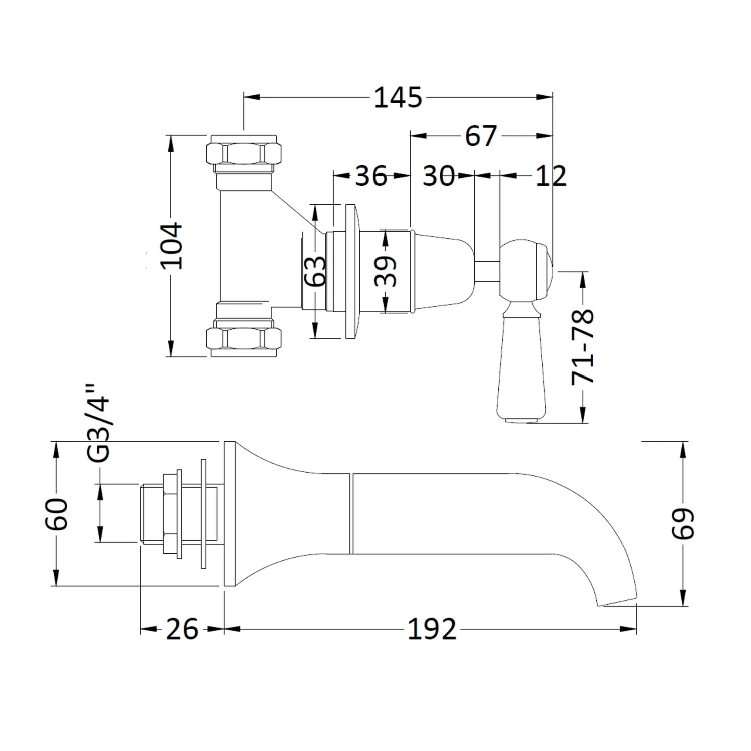 BC Designs Victrion Lever 3 - Hole Wall Mounted Brass Bath Filler Tap with Spout, Brushed Chrome