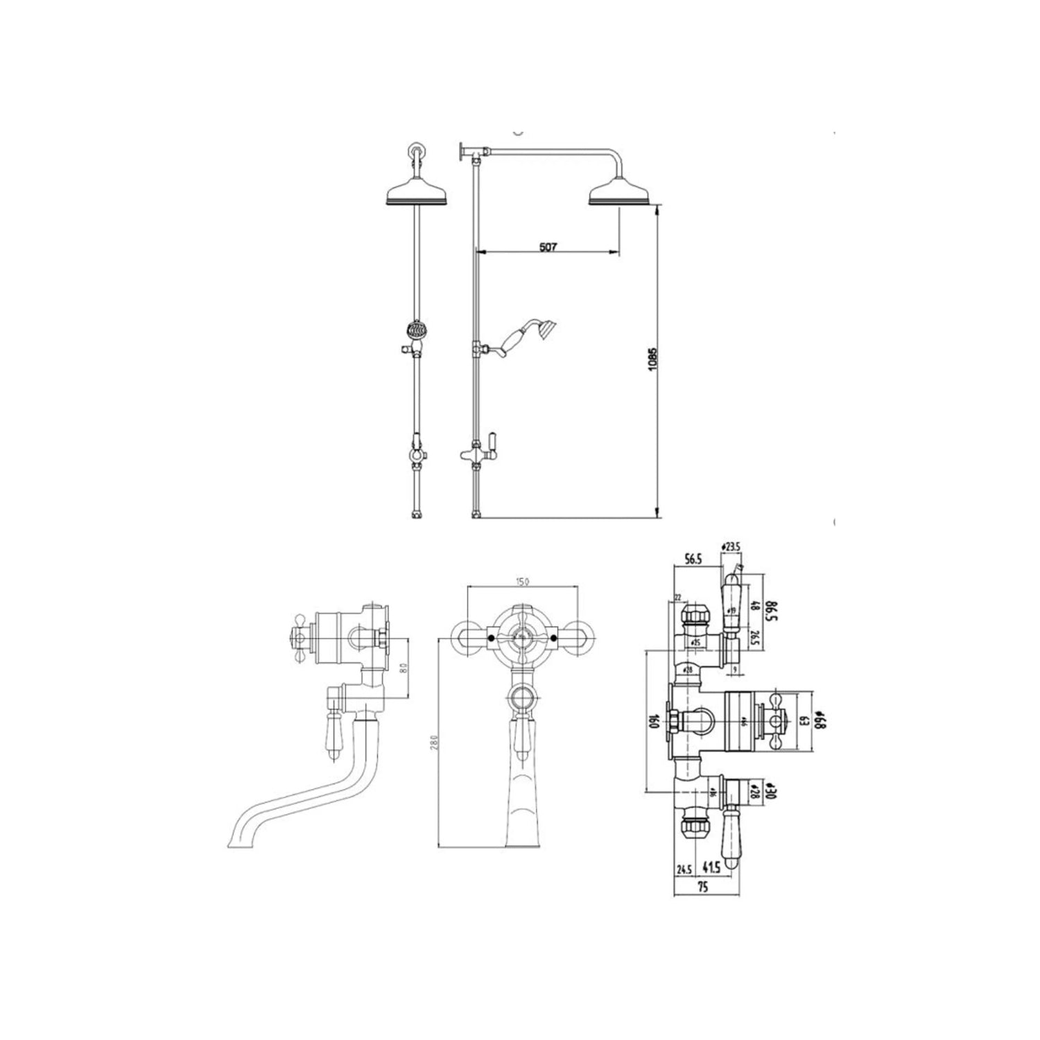 BC Designs Victrion Triple Exposed Shower Valve with Spout Bath Filler and 8 - Inch Shower Head, Brushed Chrome