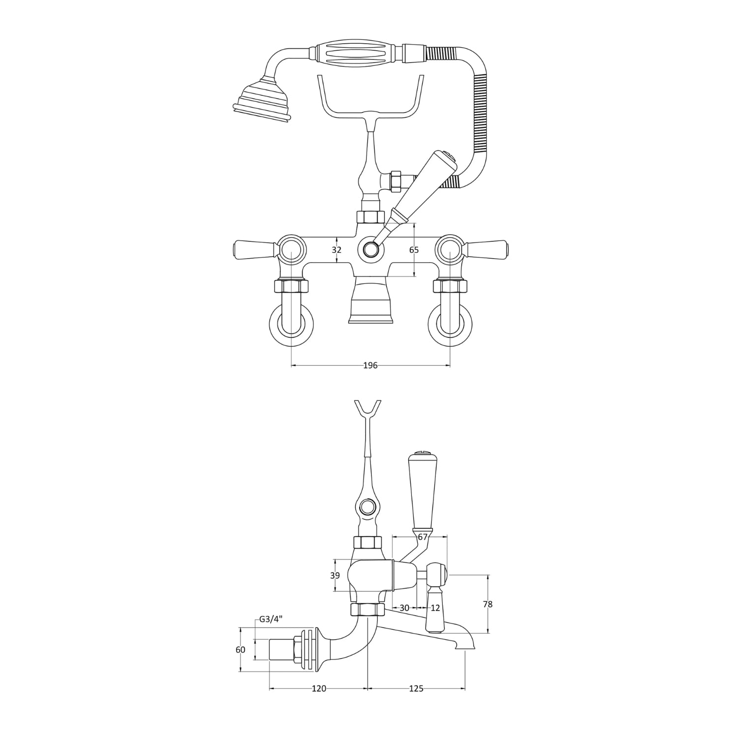 BC Designs Victrion Wall Mounted Brass Lever Bath Shower Mixer Tap, Brushed Chrome