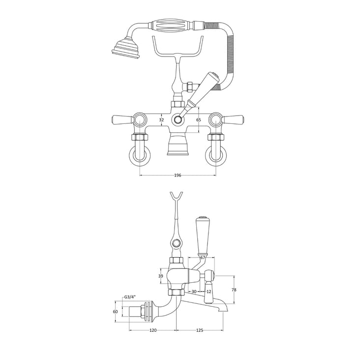 BC Designs Victrion Wall Mounted Brass Lever Bath Shower Mixer Tap, Brushed Chrome