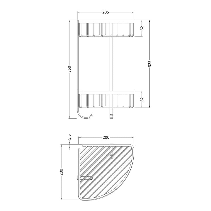 BC Designs Victrion Wall Mounted Double Corner Brass Shower Basket, Brushed Chrome Finish