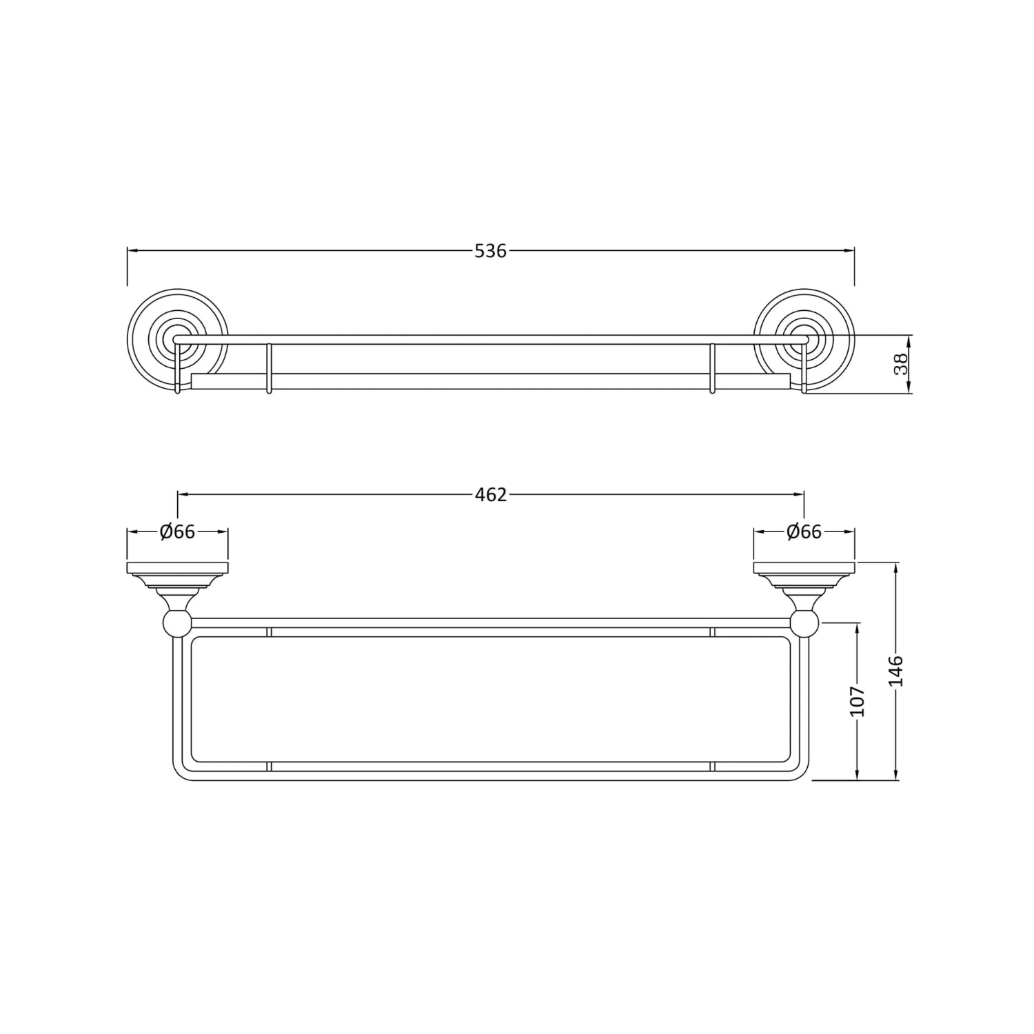 BC Designs Victrion Wall Mounted Glass Gallery Shelf 66mm H x 536mm W, Brushed Chrome
