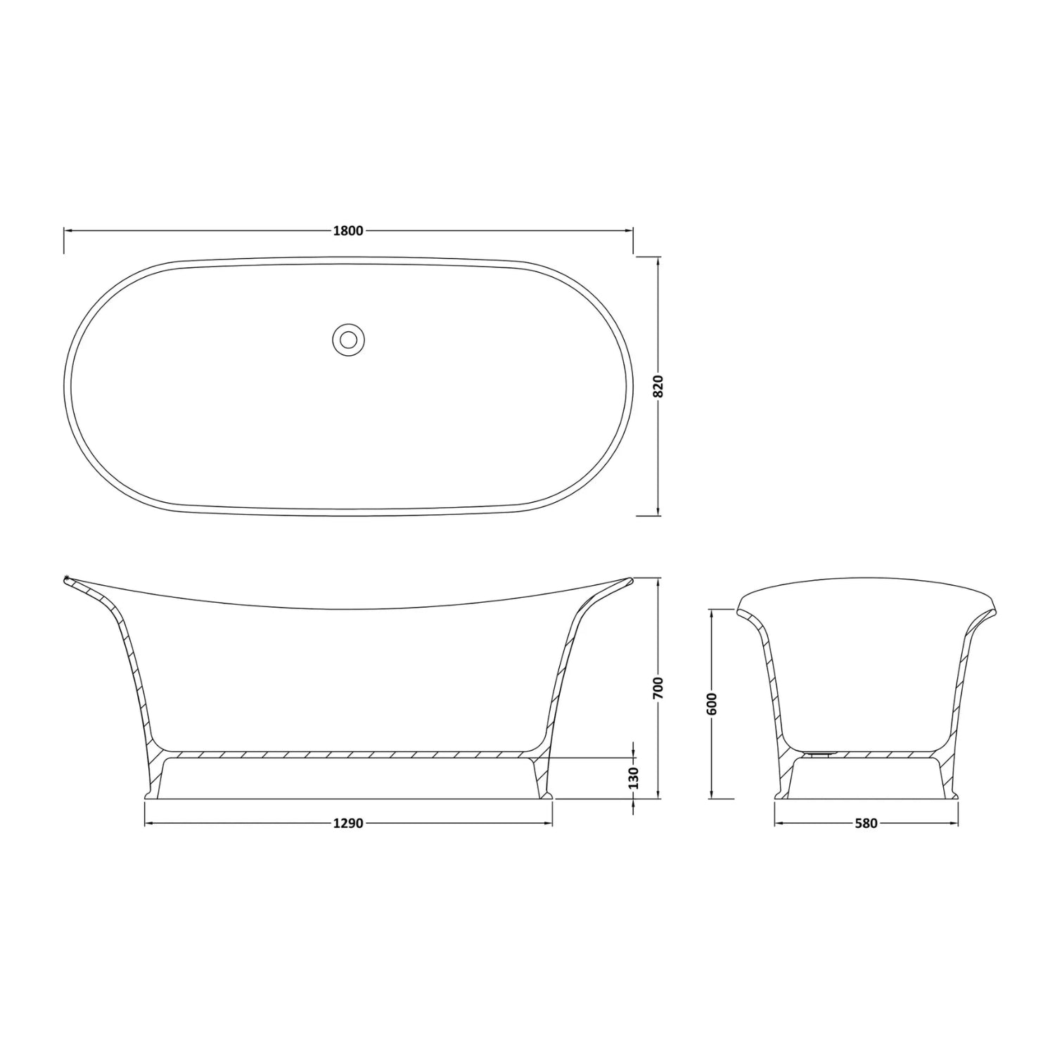 BC Designs Wivenhoe Cian Solid Surface Freestanding Bath - 1800mm H x 820mm W