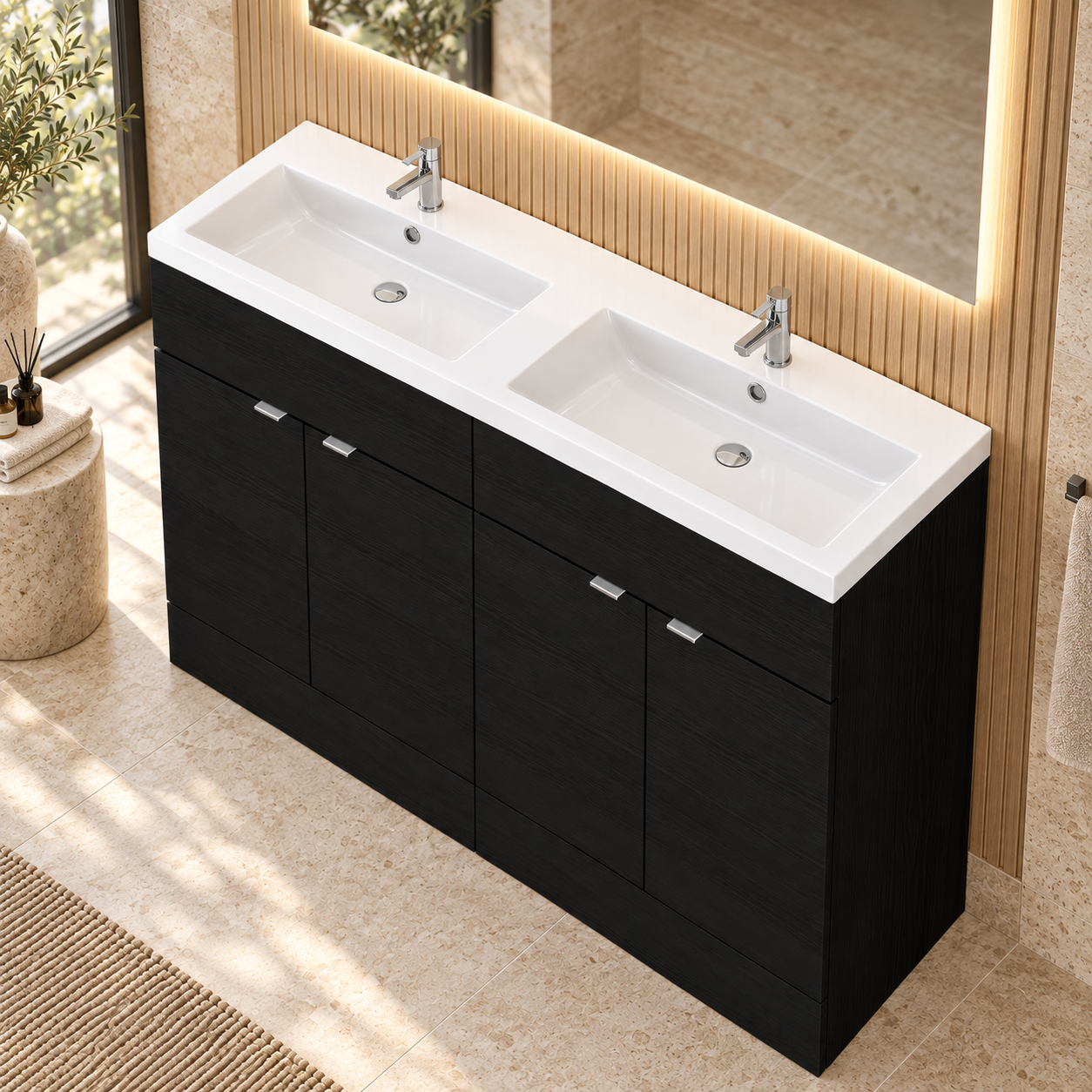 Hudson Reed Fusion 1200mm Charcoal Black 4 Door Floor standing Vanity Unit With 2 Tap Holes Double Basin