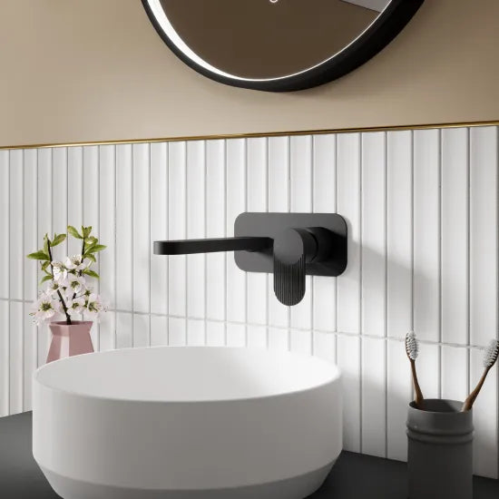 Nuie Cyprus Wall Mounted 2 Tap Hole Basin Mixer With Plate Matt Black