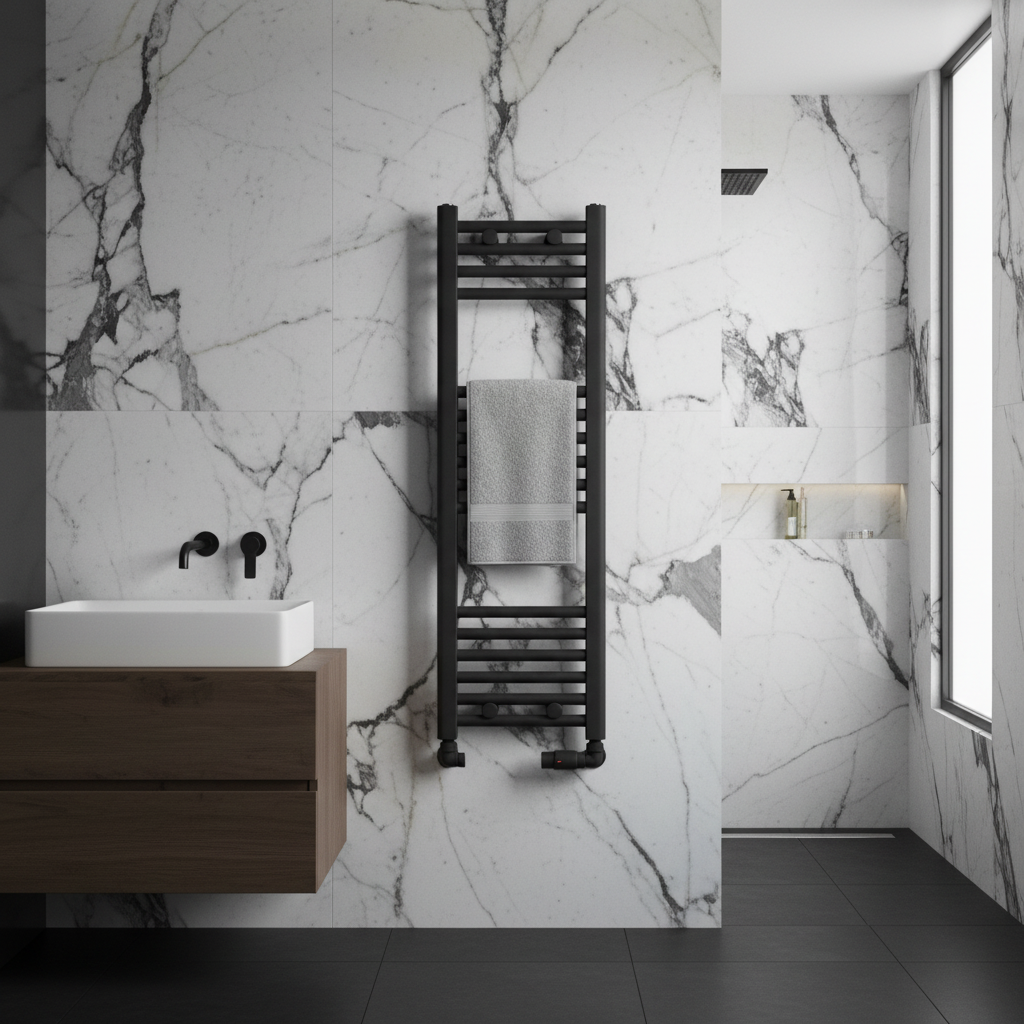 Black and white marble bathroom with black towel radiator