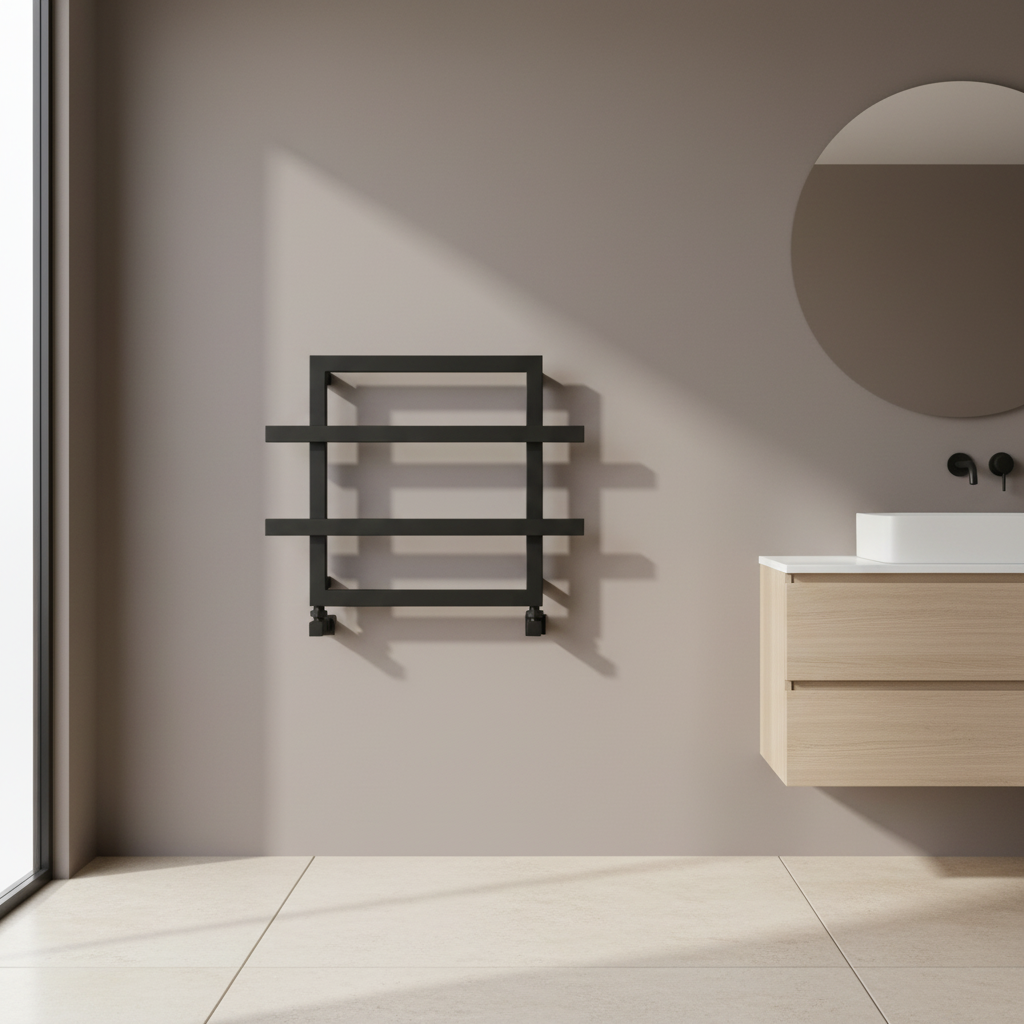 Black asymmetric towel rail in minimalist bathroom