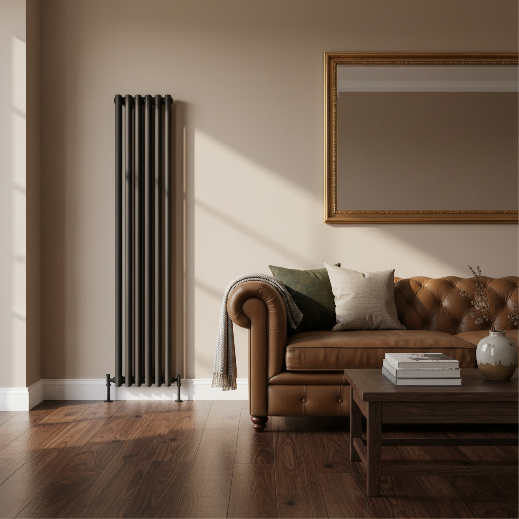Black column radiator with Chesterfield sofa - square format