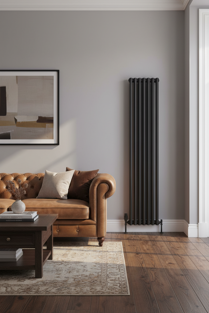 Black column radiator with oak floors and Chesterfield sofa