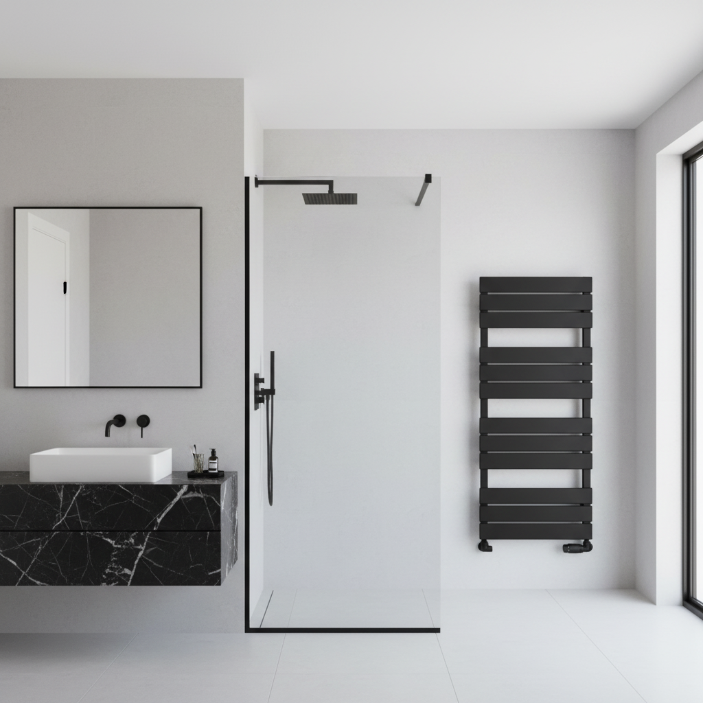 Black designer radiator in better bathroom position