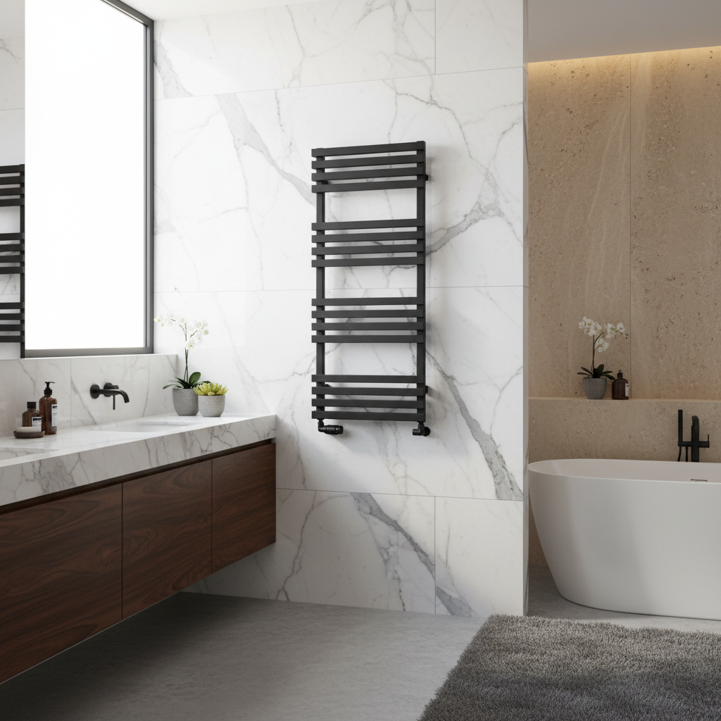 Black designer towel rail in marble bathroom