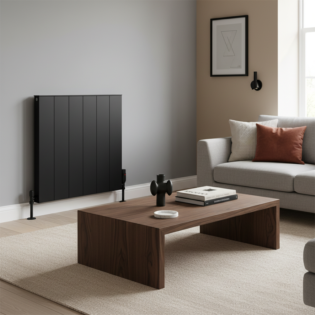 Black radiator with carpet and oak table - square format
