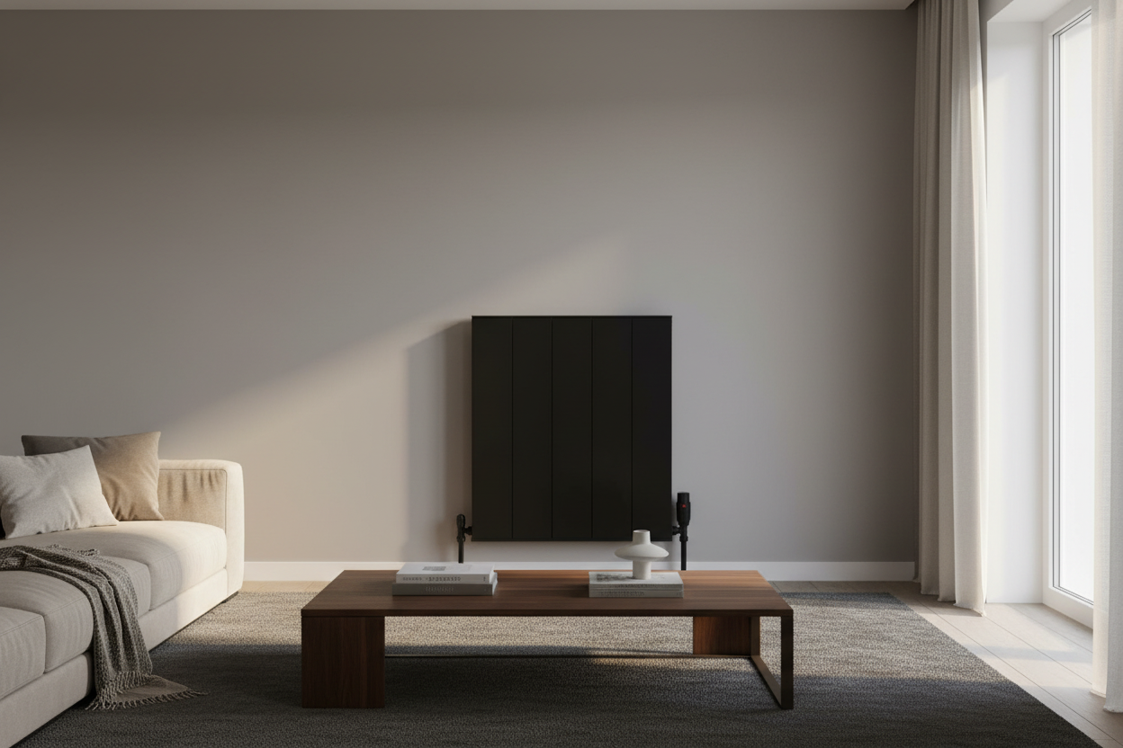 Black radiator with carpet, sofa and oak coffee table