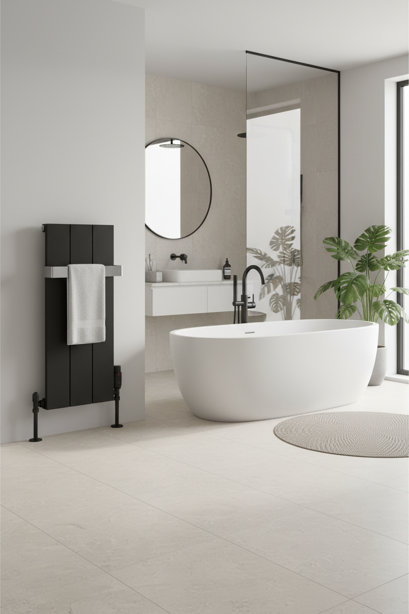 Black radiator with chrome rail in bathroom