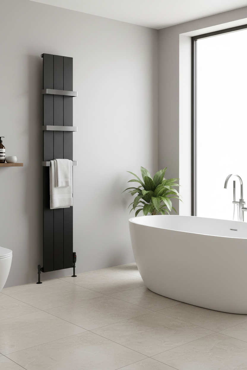 Black radiator with chrome rails in bathroom