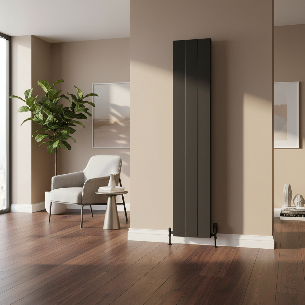 Black radiator with dark oak floors - square format