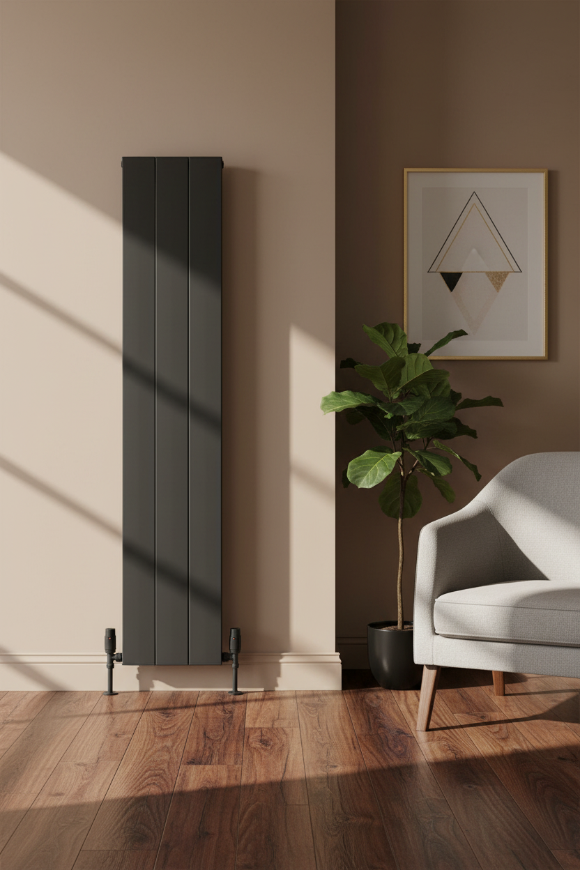 Black radiator with dark oak floors