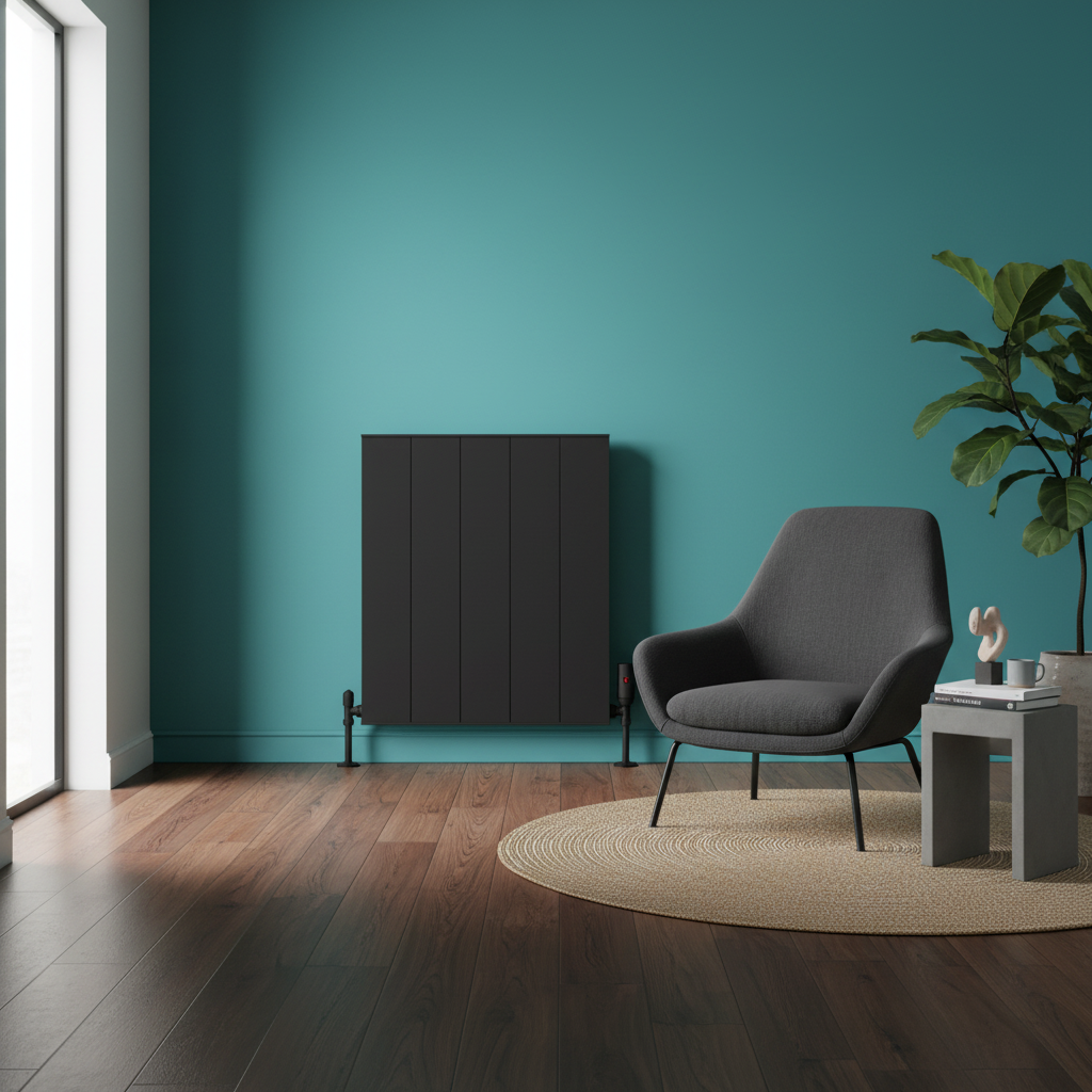 Black radiator with teal walls no artwork - square format