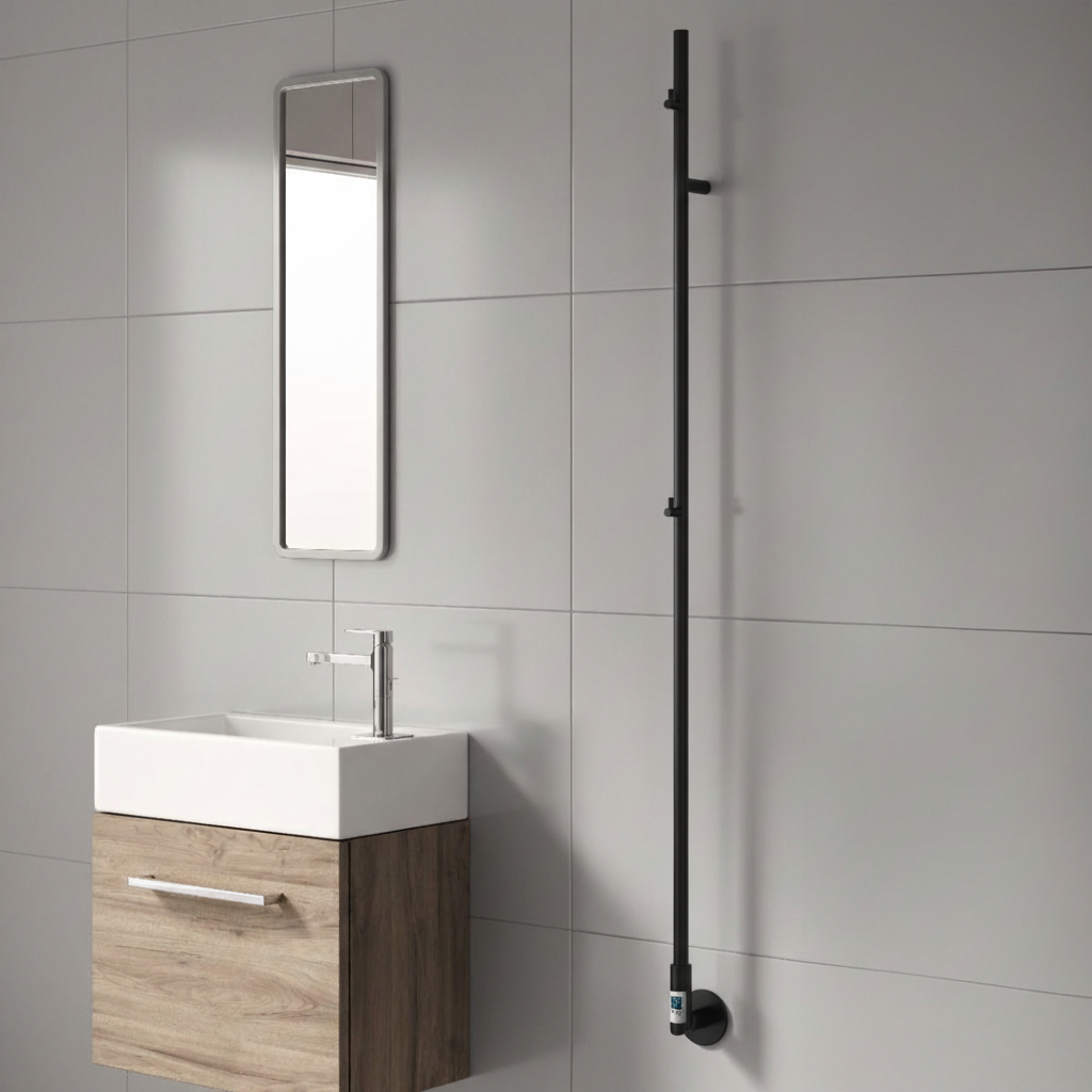 Black towel rail in minimalist bathroom setting