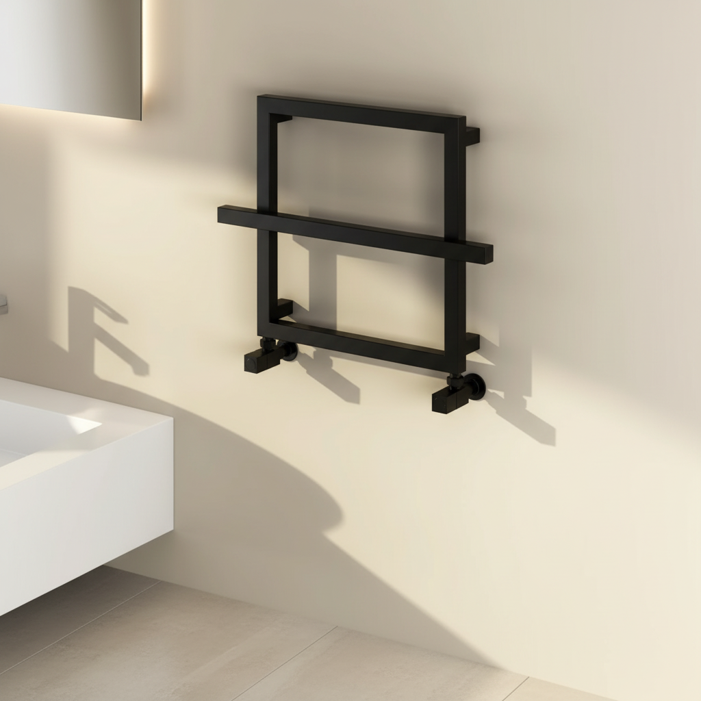Black towel rail in minimalist bathroom