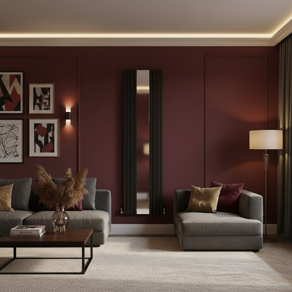 Black vertical radiator with mirror on oxblood red wall
