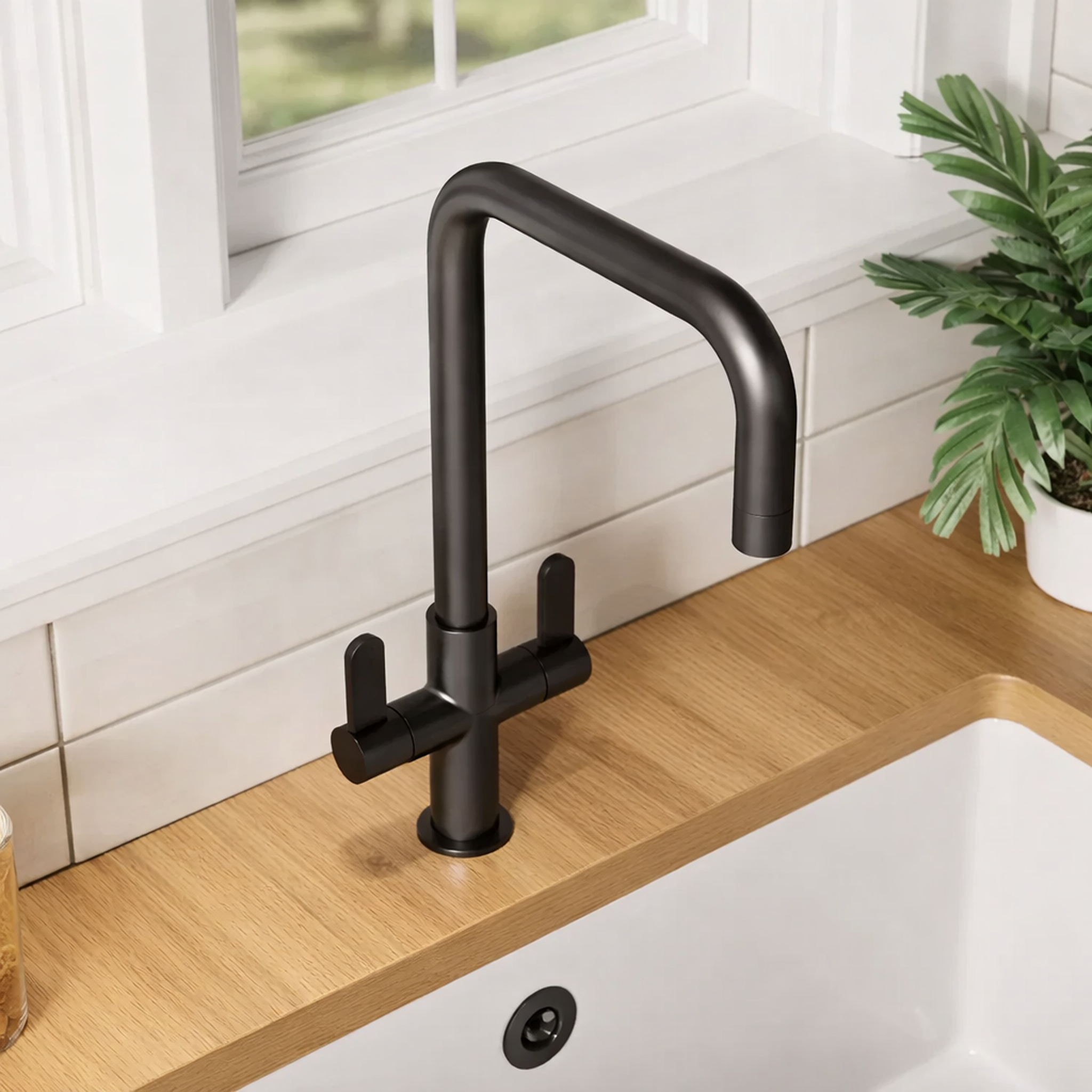 Nuie - Kosi Mono Basin Twin Lever Square Basin Tap & Rinser - Matt Black
