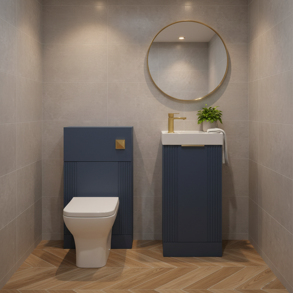 Blue Fluted Cloakroom Suite - Tap Left Side