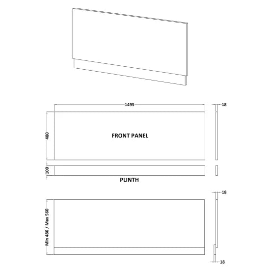 Nuie 1500mm Waterproof Bath Front Panel - Matt Grey