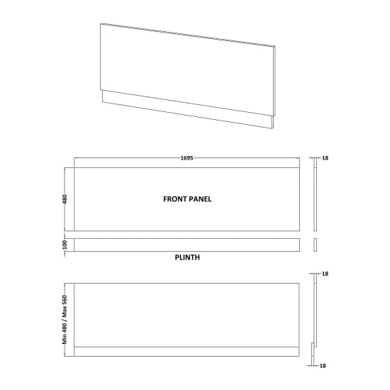 Nuie 1700mm Waterproof Bath Front Panel - Matt Grey