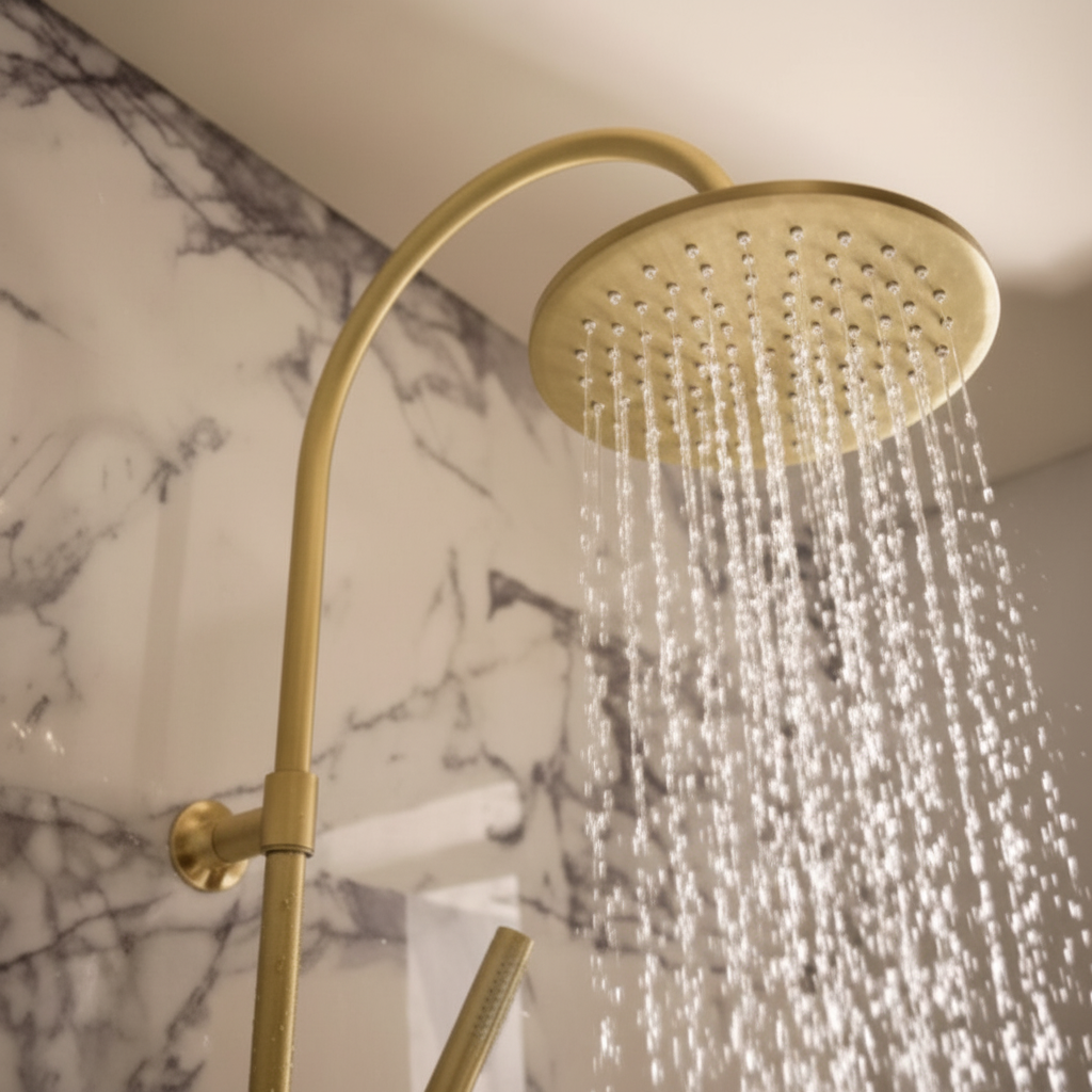 Brushed brass shower head with water flowing - square format