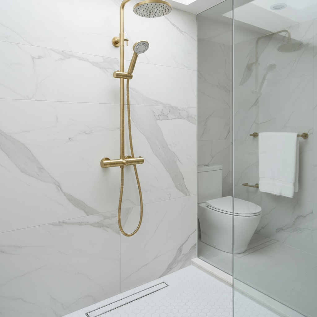 Brushed brass shower system in modern marble bathroom - square format