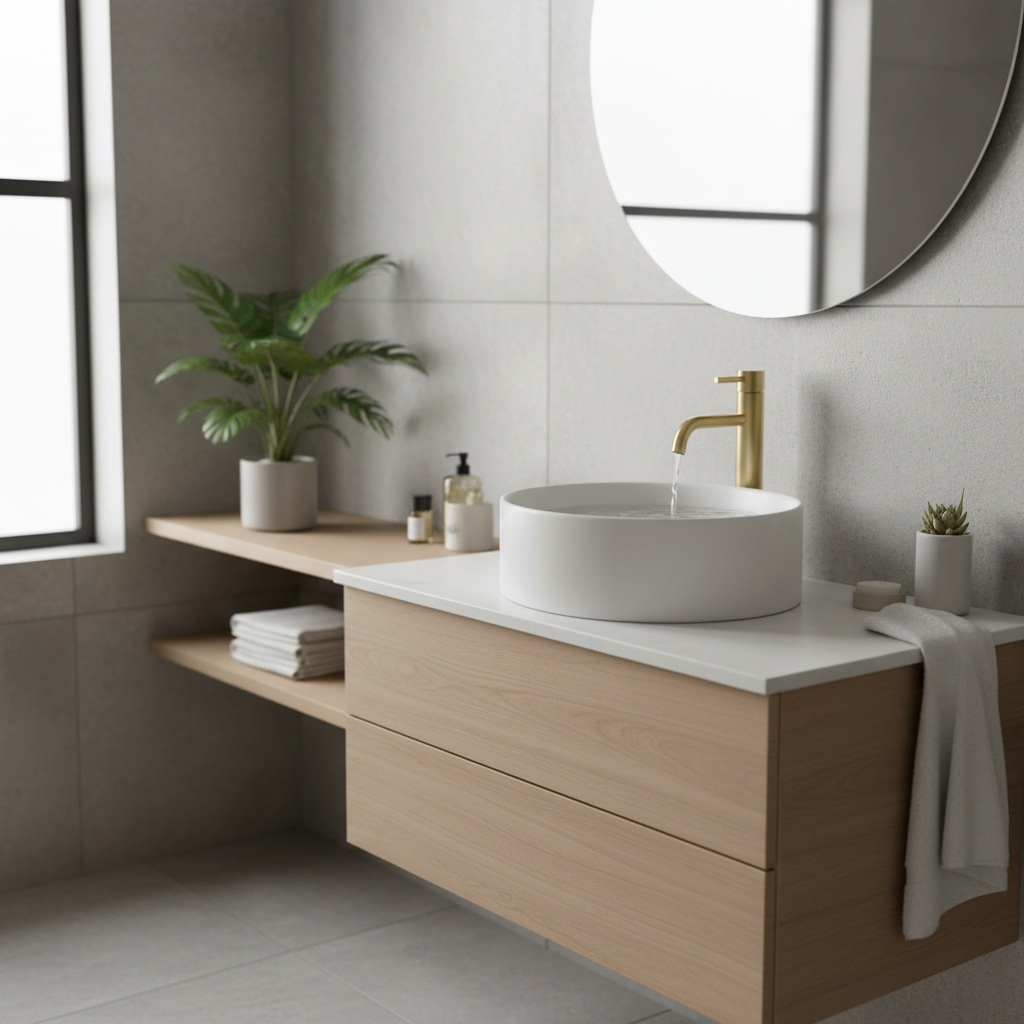 Brushed brass tall tap with countertop basin