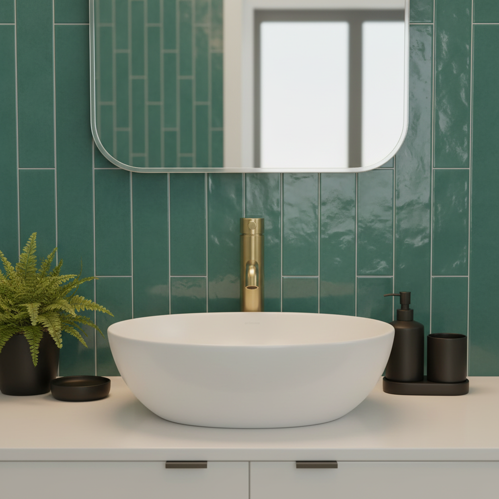 Brushed brass tap in teal bathroom - clean handle