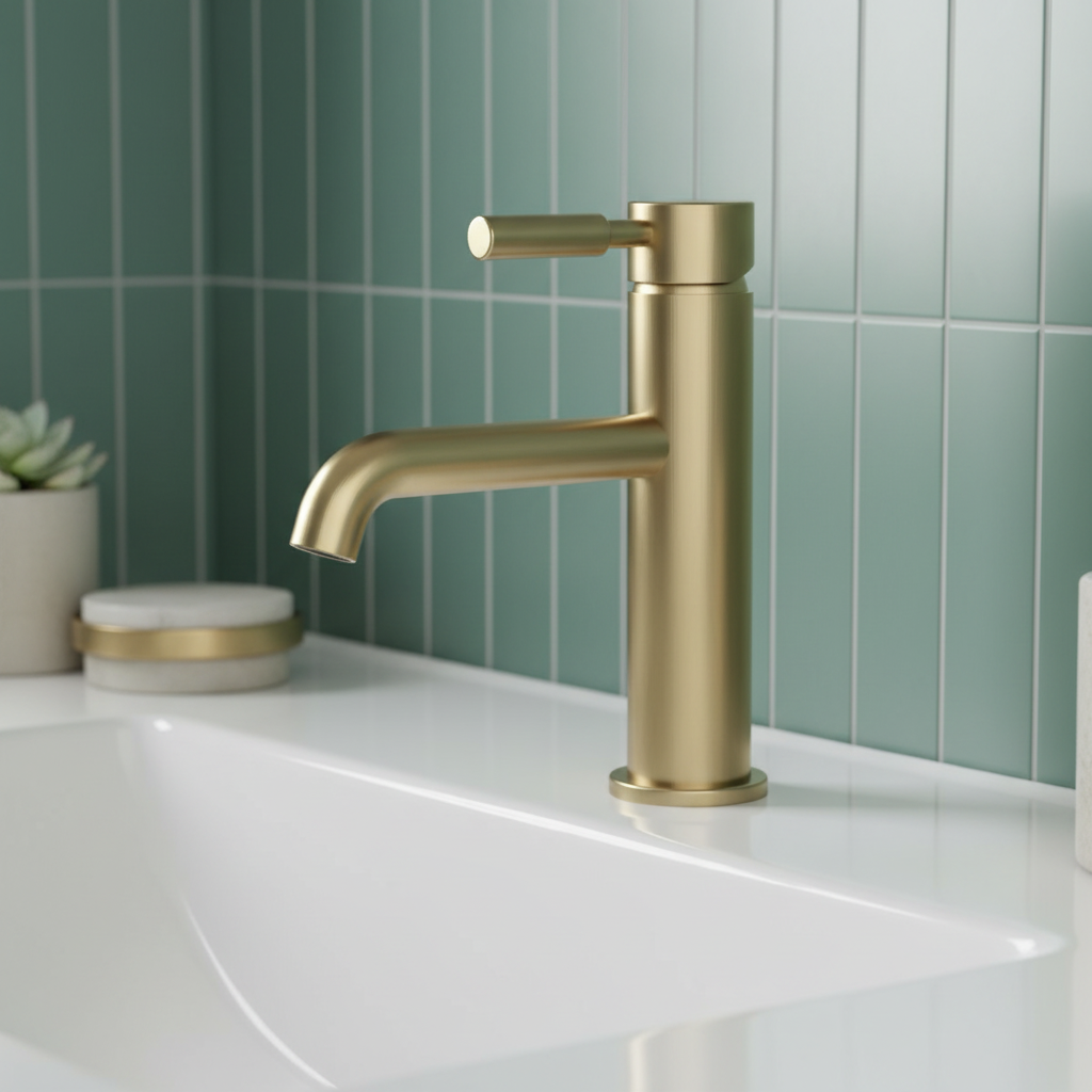 Brushed brass tap side view in bathroom