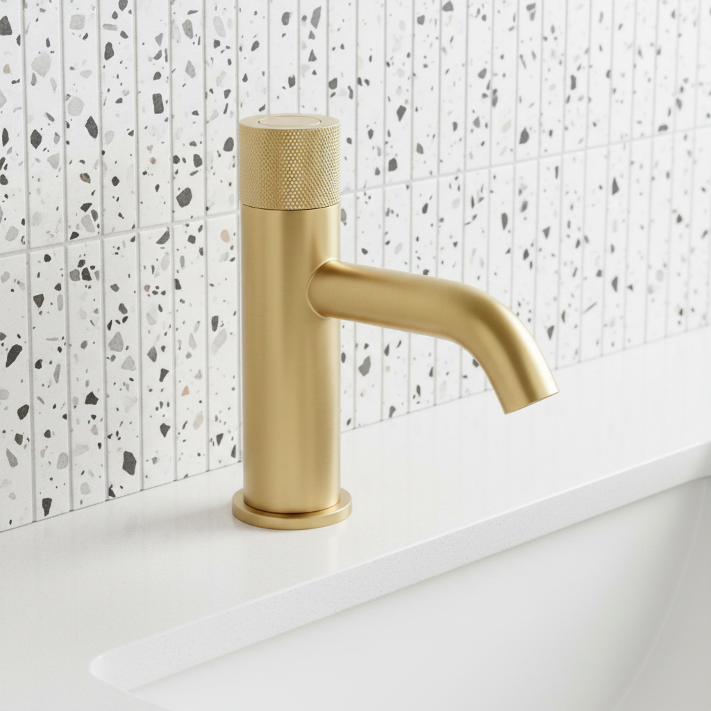 Brushed brass tap with knurled handle on terrazzo tile - clean and dry