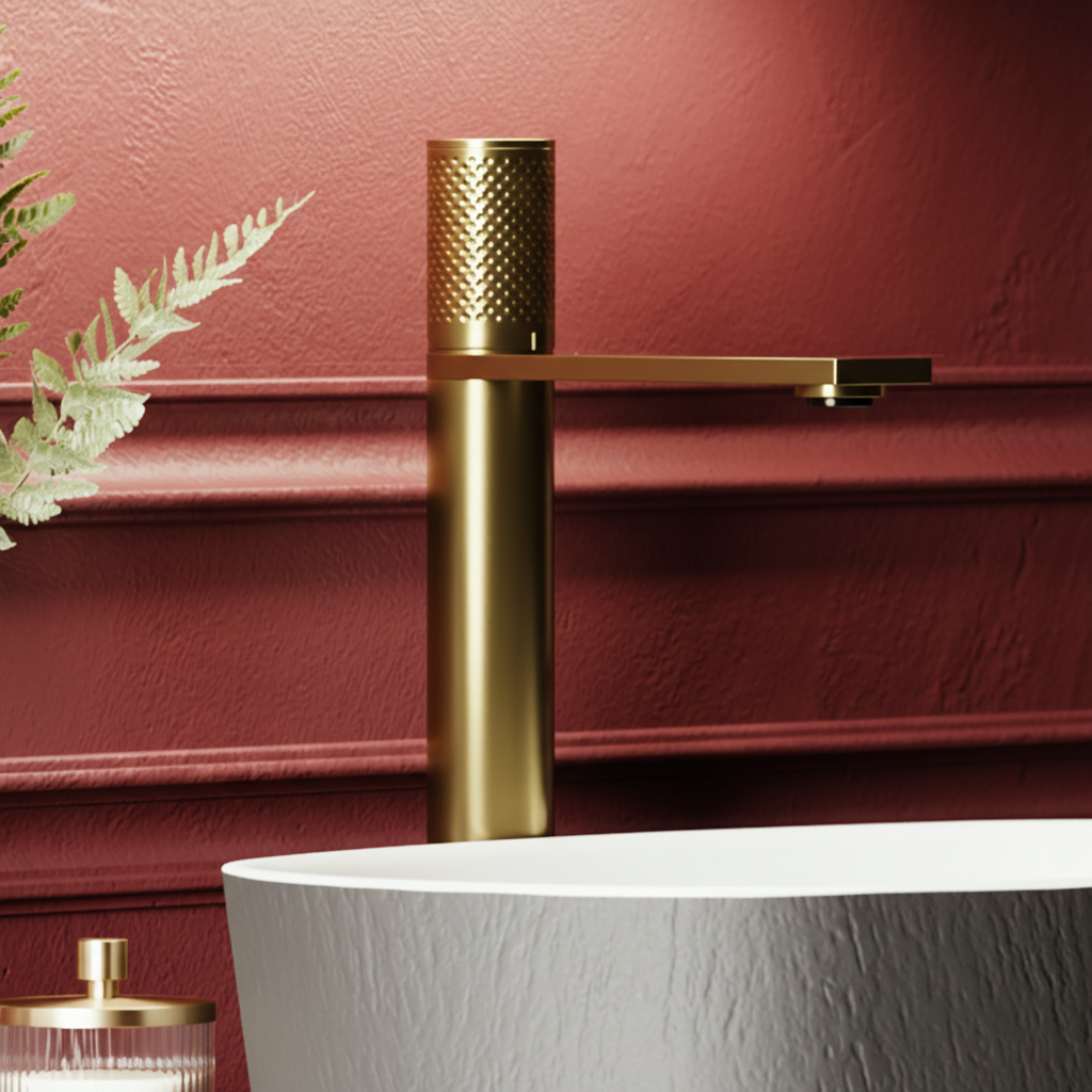 Brushed brass tap with terracotta styling