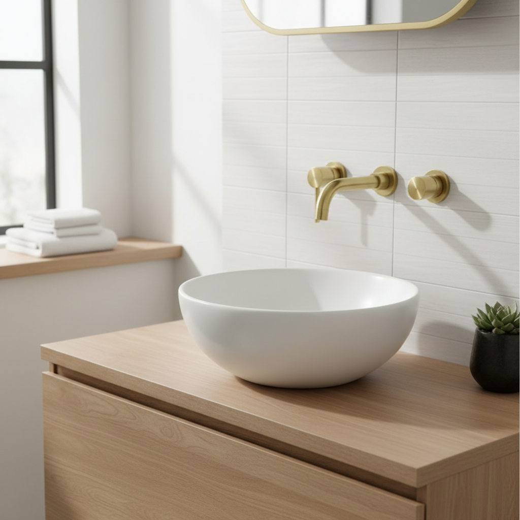 Brushed brass wall-mounted tap above countertop basin