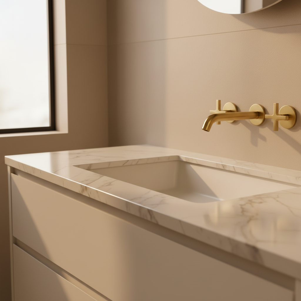 Brushed brass wall-mounted tap in warm bathroom setting