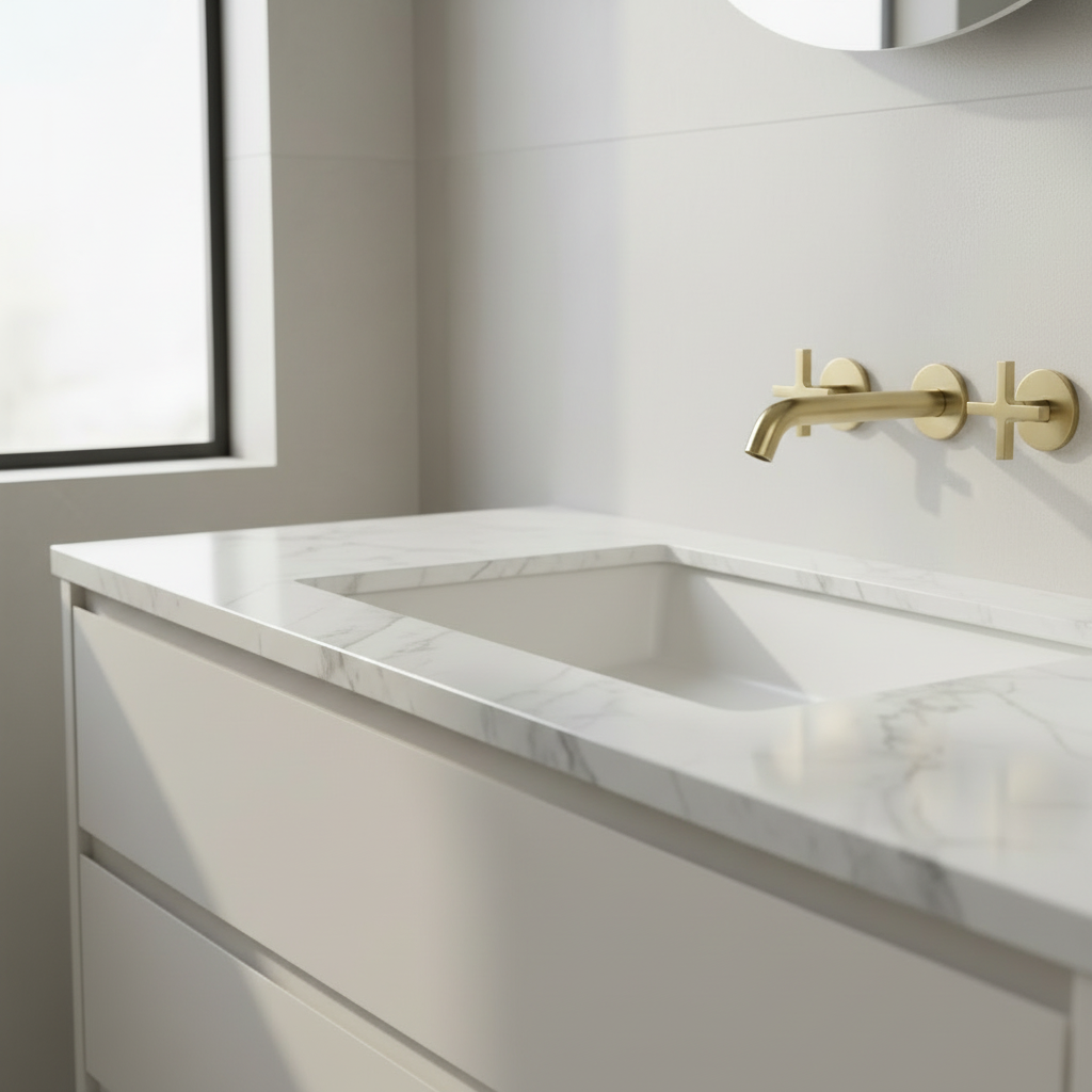 Brushed brass wall-mounted tap over countertop basin - square format
