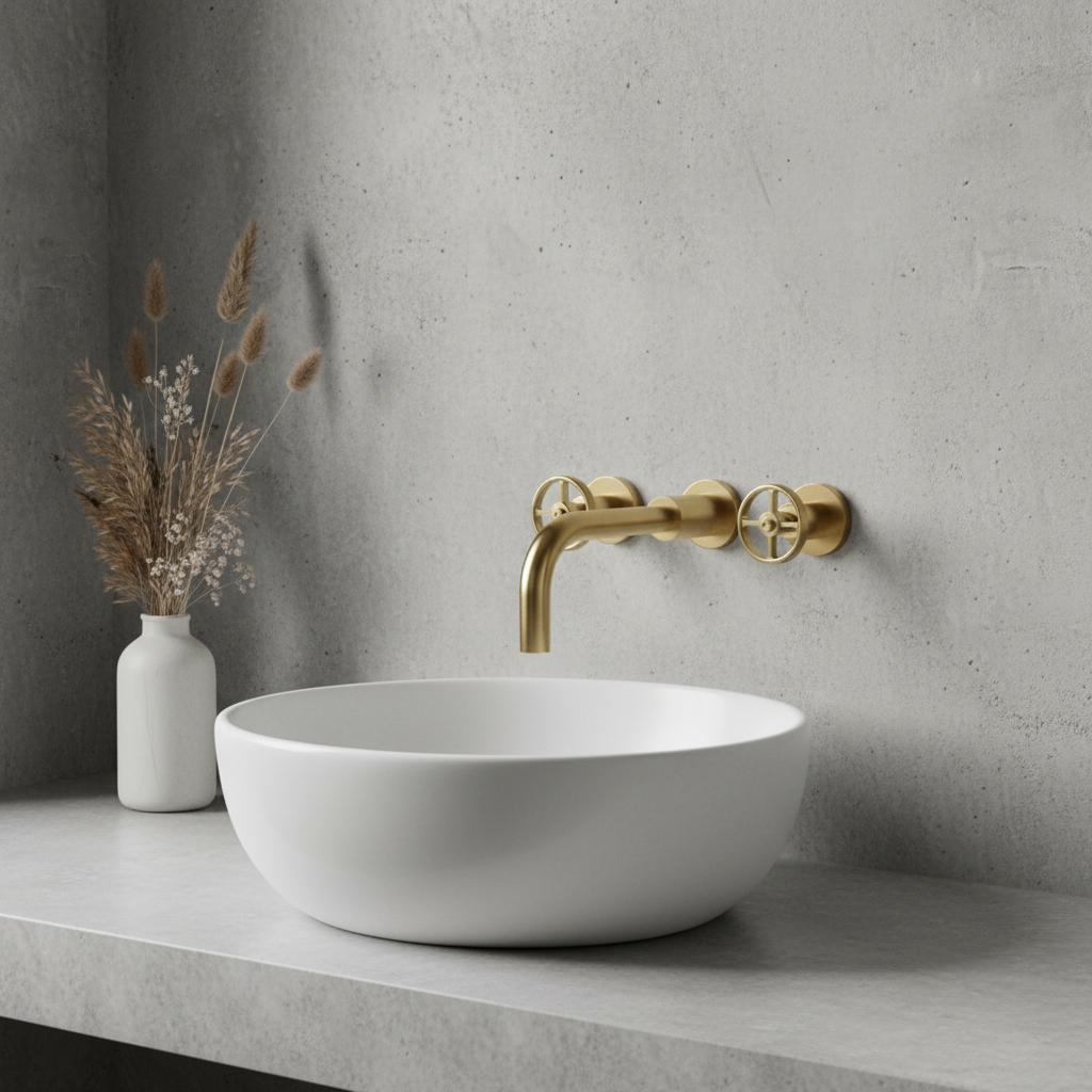 Brushed brass wall-mounted tap with wheel handles on concrete wall with round basin
