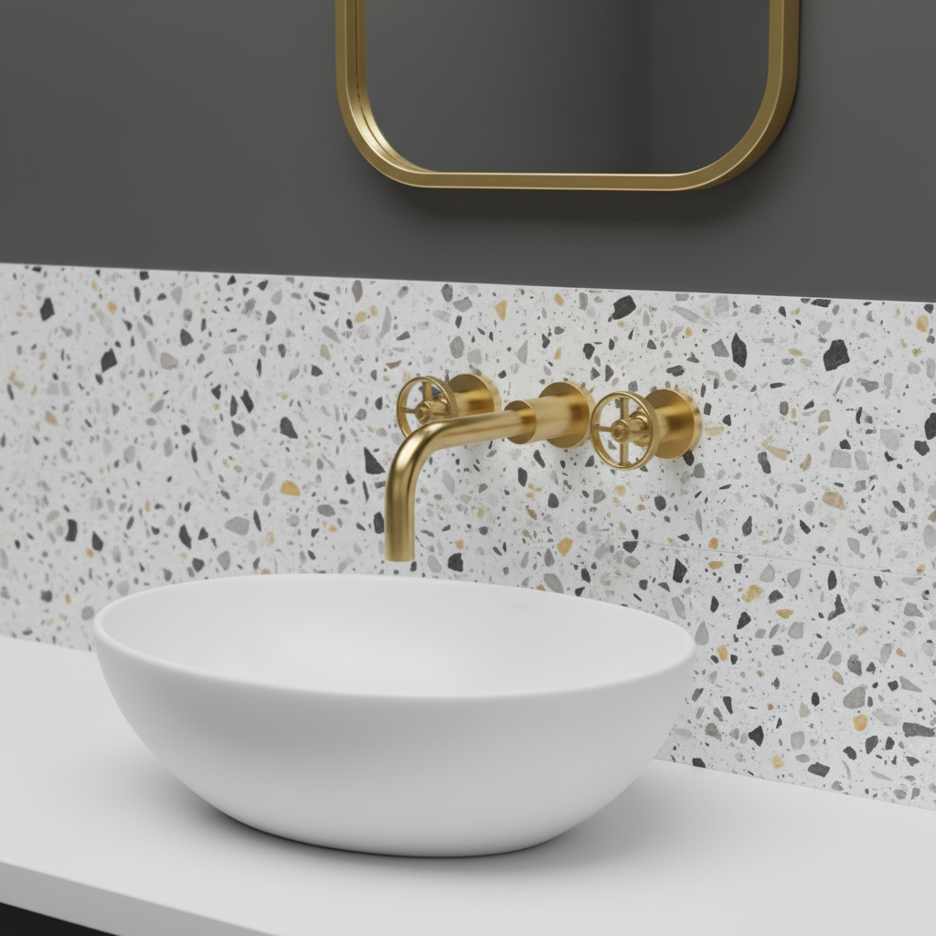 Brushed brass wall-mounted tap with wheel handles on terrazzo tile with oval basin