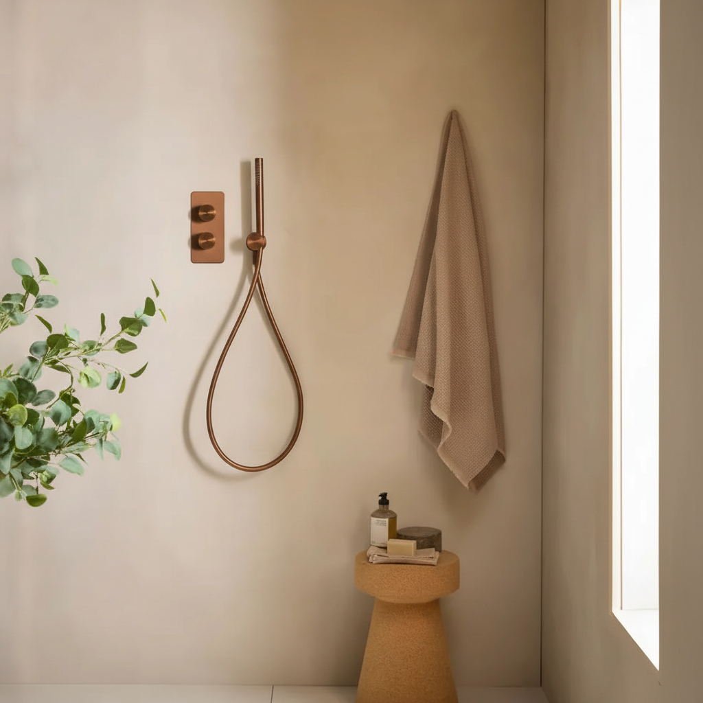 Brushed bronze shower system in minimalist bathroom - square format
