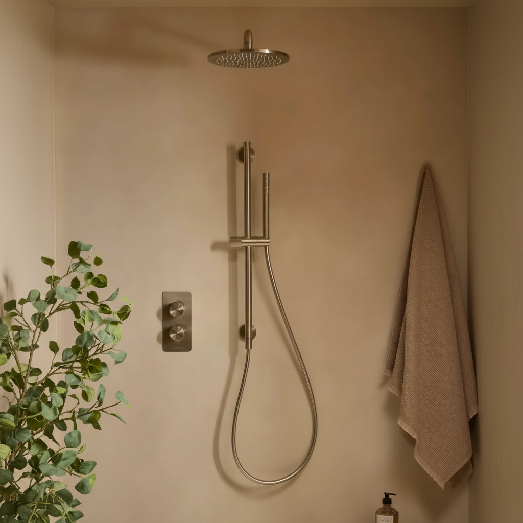 Brushed nickel shower system in minimalist bathroom - square format