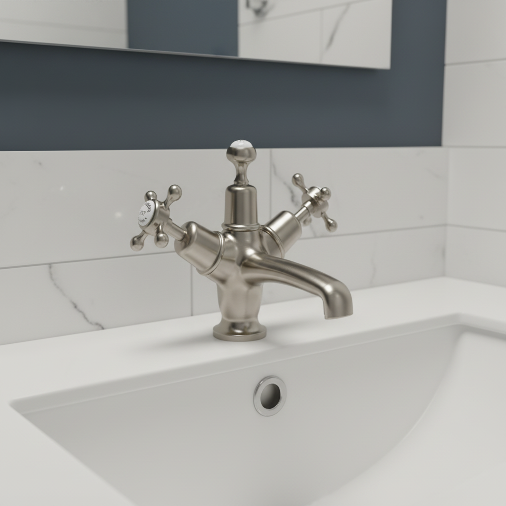 Brushed nickel tap in bathroom setting