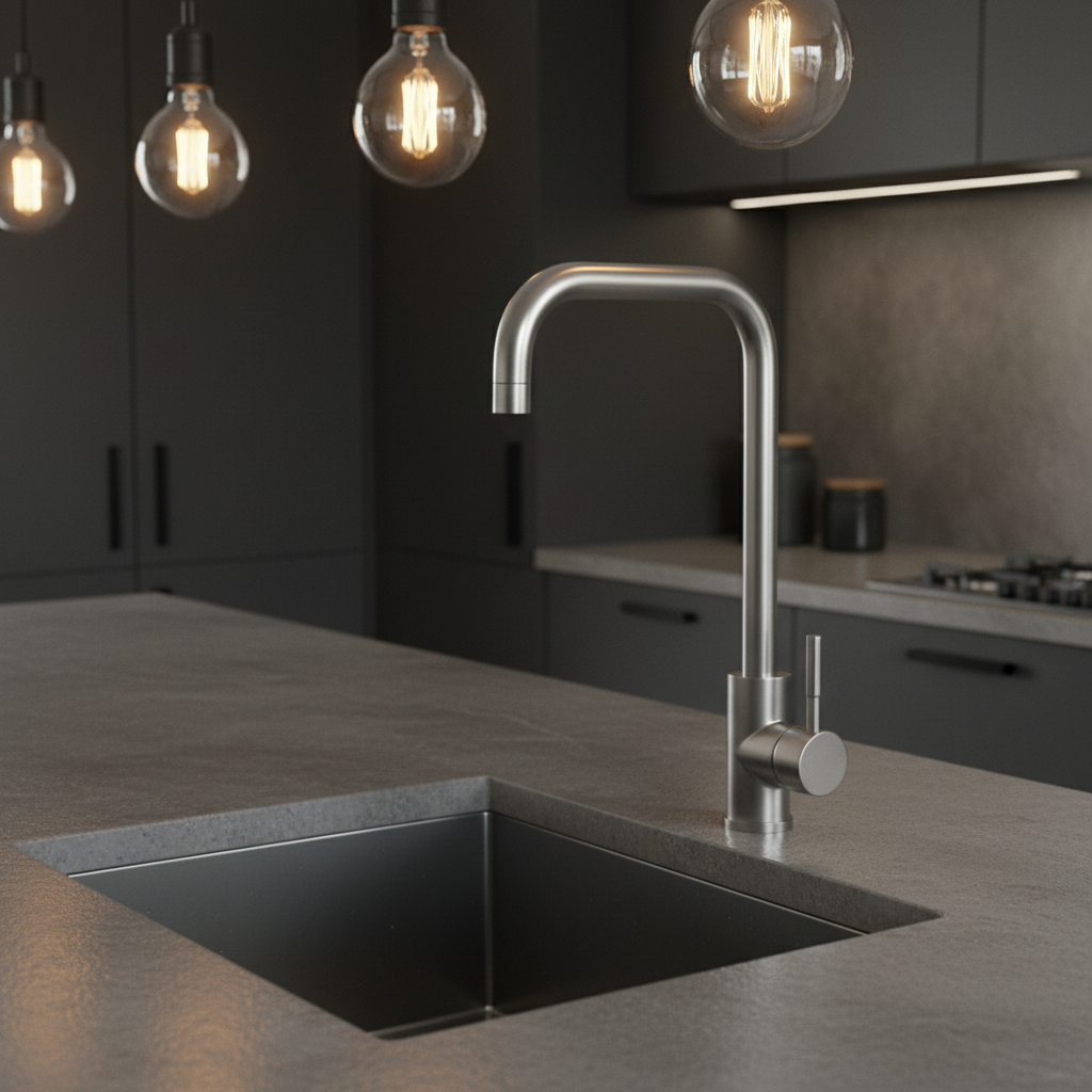 Brushed Steel Tap - Dark Kitchen, No Water