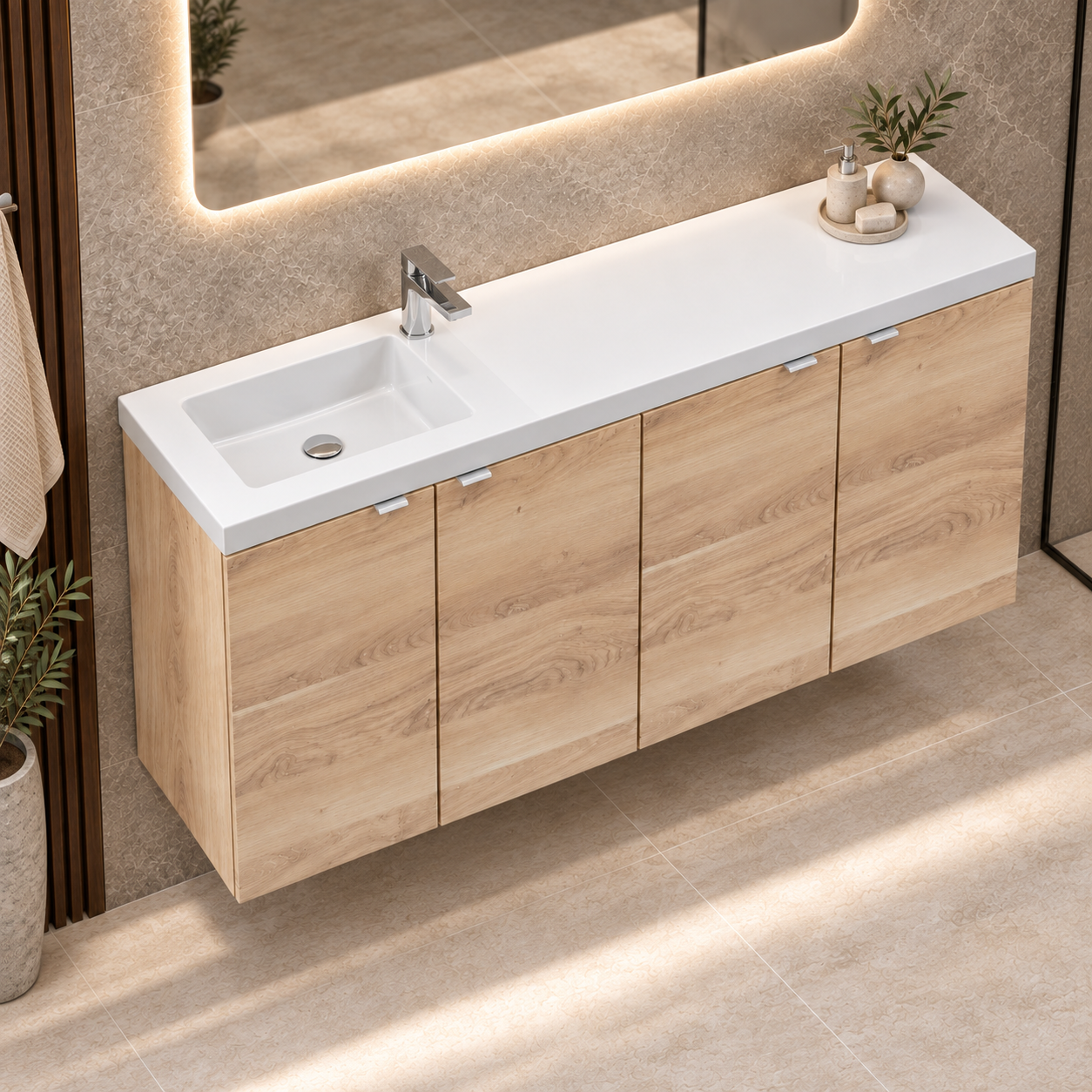 Hudson Reed Fusion 1200mm Bleached Oak 4 Door Compact Wall Hung Vanity Unit With Basin