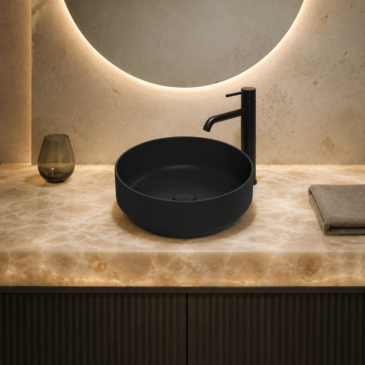 Meravo Lux 350mm Round Vessel Basin | Matt Black Ceramic Countertop Basin