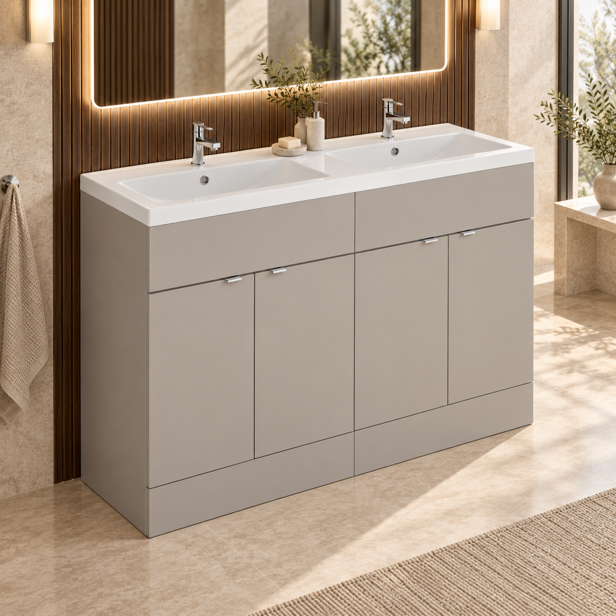 Hudson Reed Fusion 1200mm Pebble Grey 4 Door Floor Standing Vanity Unit With 2 Tap Holes Double Basin